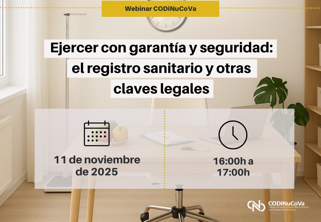 🎓¡Nuevo #webinar gratuito! «Ejercer con garantía y seguridad: el registro sanitario y otras claves legales»

🗓️Martes, 11 de noviembre de 2025
🕙De 16:00h a 17:00h
💻 Formato: Online en directo, a través de la plataforma zoom

Más información 👇🏼👇🏼
formacion.codinucova.es/product/ejerce…