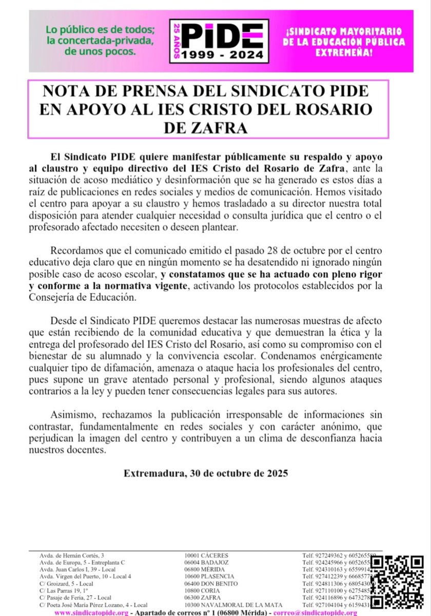 📝➡️‼NOTA DE PRENSA SINDICATO  PIDE IES CRISTO DEL ROSARIO (ZAFRA)‼