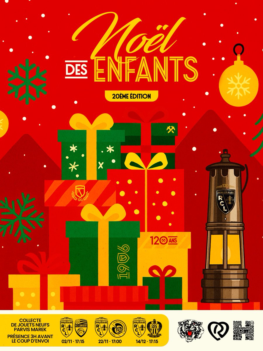20e édition d'une action devenue tradition 🤝

Mené par les <a href="/RedTigersLens/">Red Tigers 1994</a> avec le soutien du #RacingCœurDeLens, le #NoëlDesEnfants fait son retour à Bollaert-Delelis. Trois collectes de jouets neufs auront lieu, dès #RCLFCL, au profit d'enfants hospitalisés. 🎁

#1TEAM