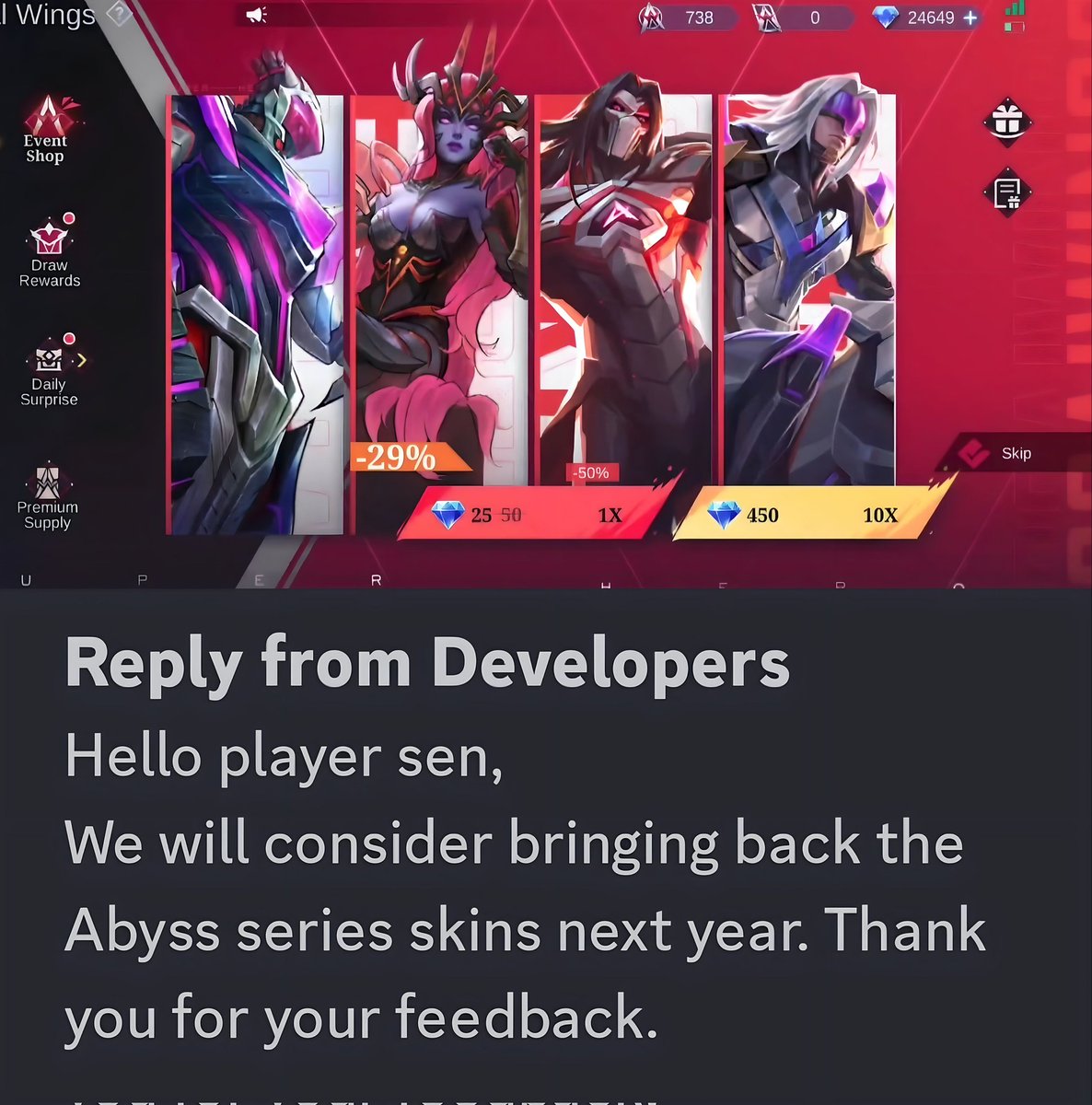 The devs are considering bringing back the Abyssal Wings Event next year (2026).