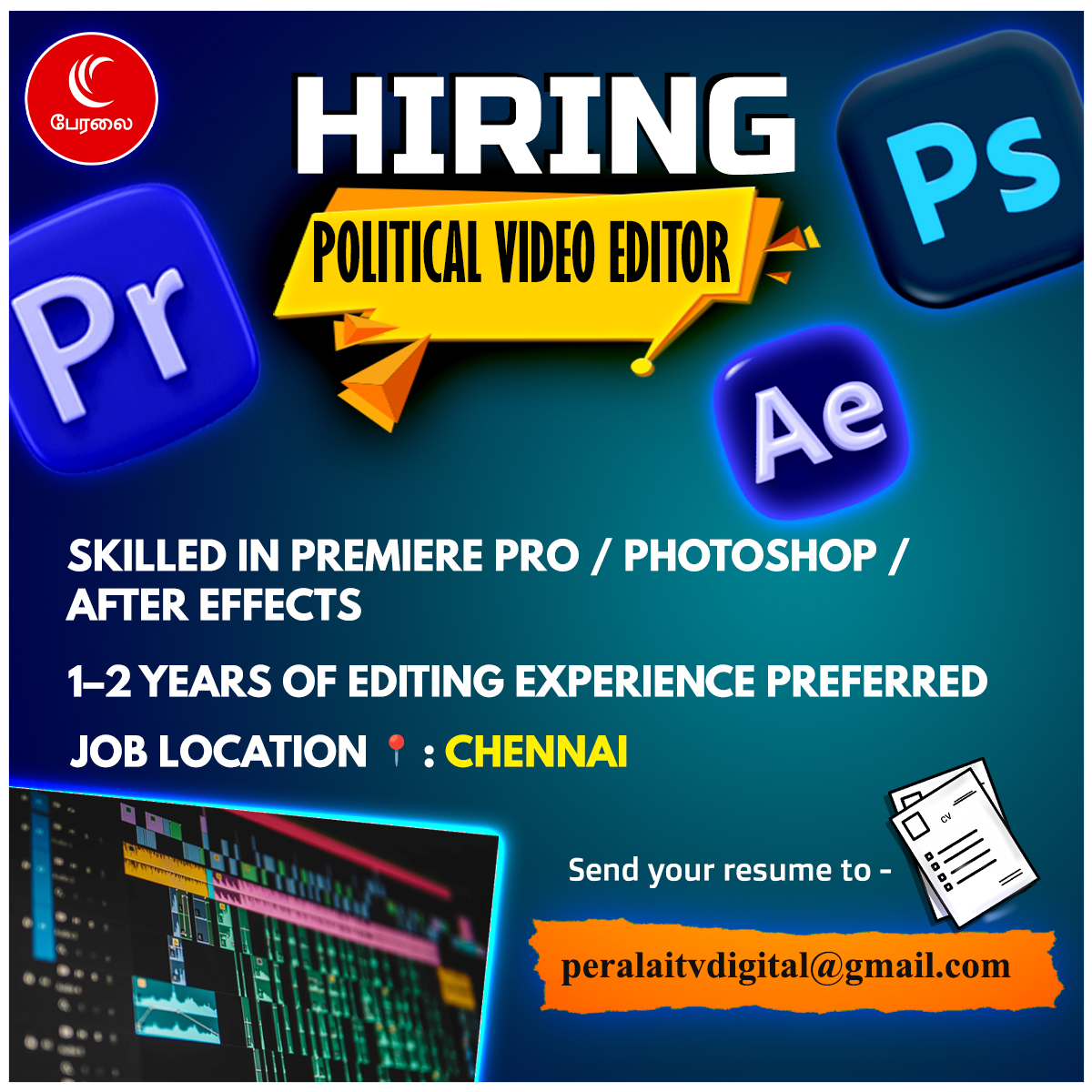 Hiring - Political Video Editor

Job Location: Chennai — This is a full-time, office-based position (work from home not available)