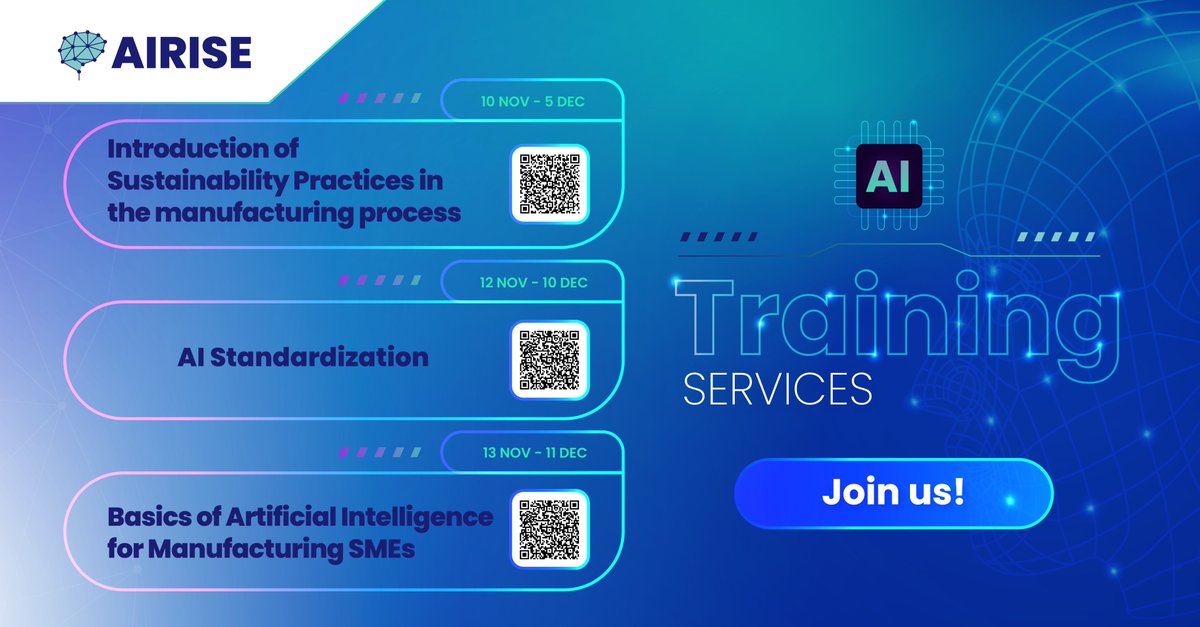 airise_eu's tweet photo. Get ready to boost your #manufacturing future! 🚀

The Airise Project is launching a new series of free online training modules to empower manufacturing SMEs with #AI and #sustainability skills — driving a smarter, greener, and more competitive industry. https://t.co/jkicEDVNiM