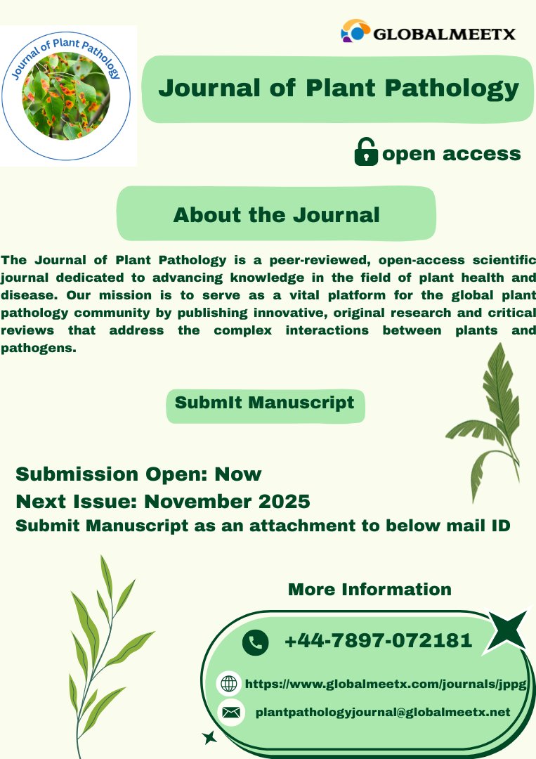 The Journal of Plant Pathology (JPPG) We publish original research, reviews, and case studies that support sustainable agriculture and global food security. For submissions &amp; queries: WhatsApp us at +44 7897 072181 Visit: globalmeetx.com/journals/jppg #plantpathology