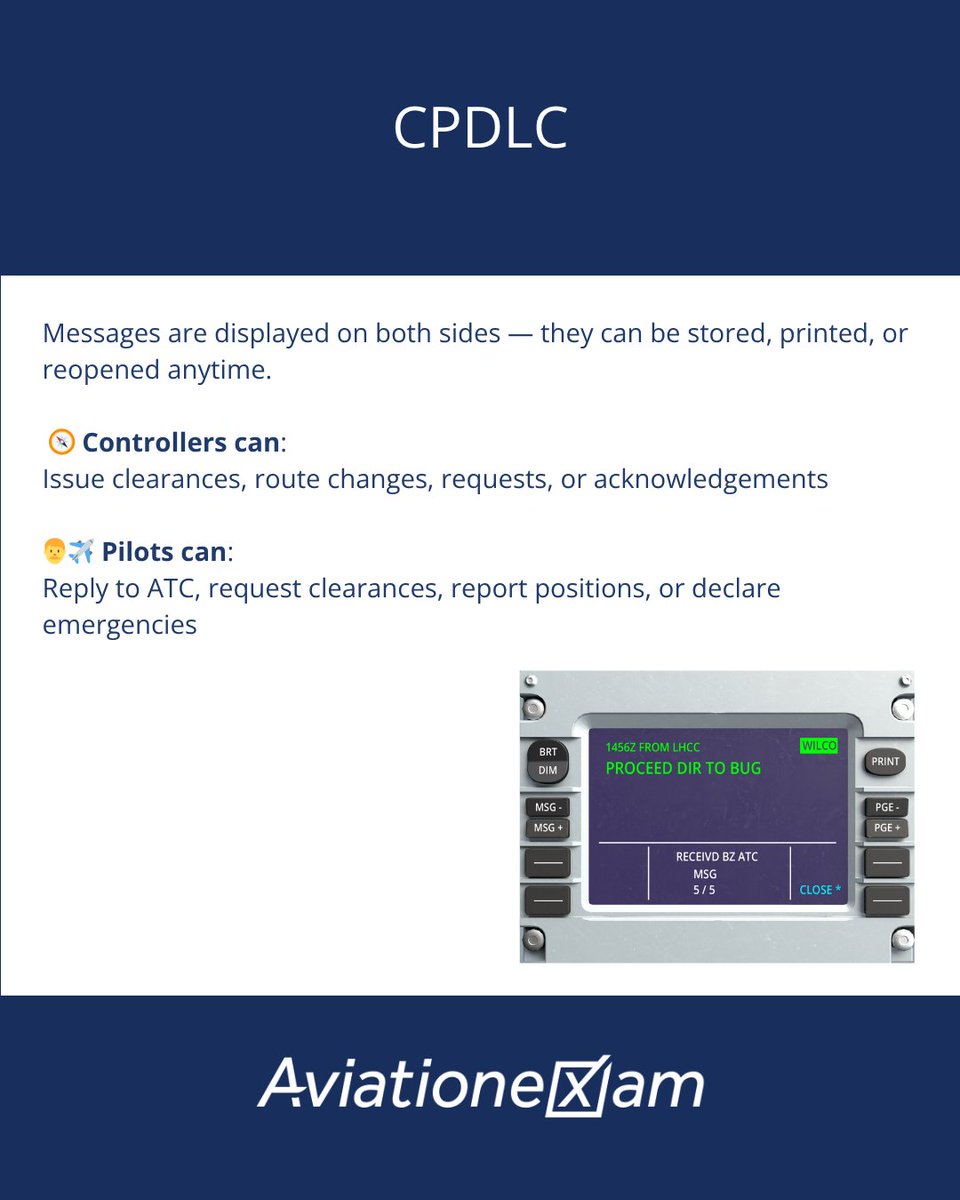 AVIATIONEXAM's tweet image. 💬✈️ CPDLC – The Language of Digital ATC!
ATC &amp;amp; pilots now chat via precise digital messages, cutting radio congestion by 75% 📡
⬆️ ATC → Aircraft: PROCEED DIRECT TO (WPT)
⬇️ Aircraft → ATC: WILCO / UNABLE

Follow us on Instagram @Aviationexam ✈️
#ATPL #CPDLC #PilotLife #AvGeek