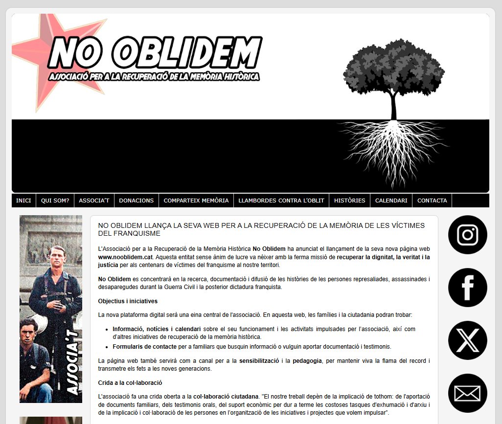 Des de l'Associació per a la Recuperació de la Memòria Històrica No Oblidem, llancem la nostra web per a la recuperació de la memòria de les víctimes del franquisme. Visiteu-la! ✊

nooblidem.cat/2025/10/no-obl…

#NoOblidem #MemòriaHistòrica #ElVendrell #BaixPenedès