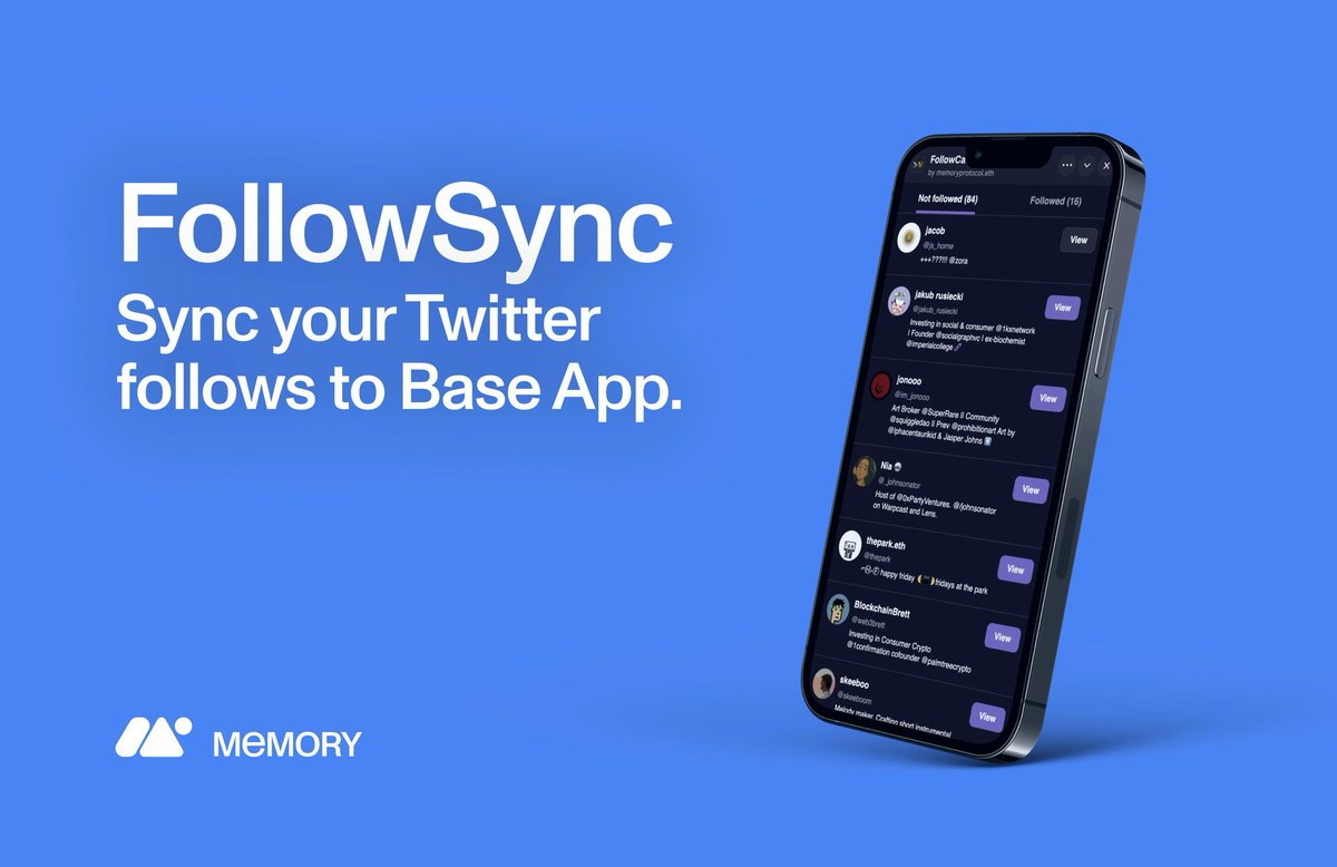 Initially on <a href="/baseapp/">Base App</a>, most users struggle to rebuild their social network. FollowSync (by <a href="/MemoryProtocol/">Memory</a>) changes that.

Log in and instantly find everyone you follow on X who’s already on Base App. A seamless shortcut to bring your social graph onchain.  

Well done <a href="/base/">Base</a>