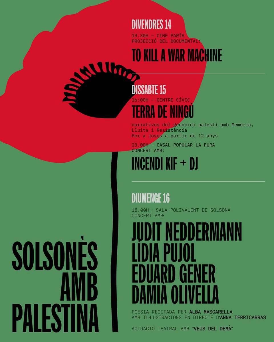 Organitzen un cap de setmana de cultura, música i solidaritat del #Solsonès amb Palestina. Serà del 14 al 16 de novembre i el plat fort serà un concert solidari diumenge a la polivalent de #Solsona amb @JuditNeddermann, <a href="/lidiapujoliter/">Lídia Pujol</a>, <a href="/sireduardgener/">Eduard Gener</a>  i <a href="/damiaolivella/">Damià Olivella</a>
