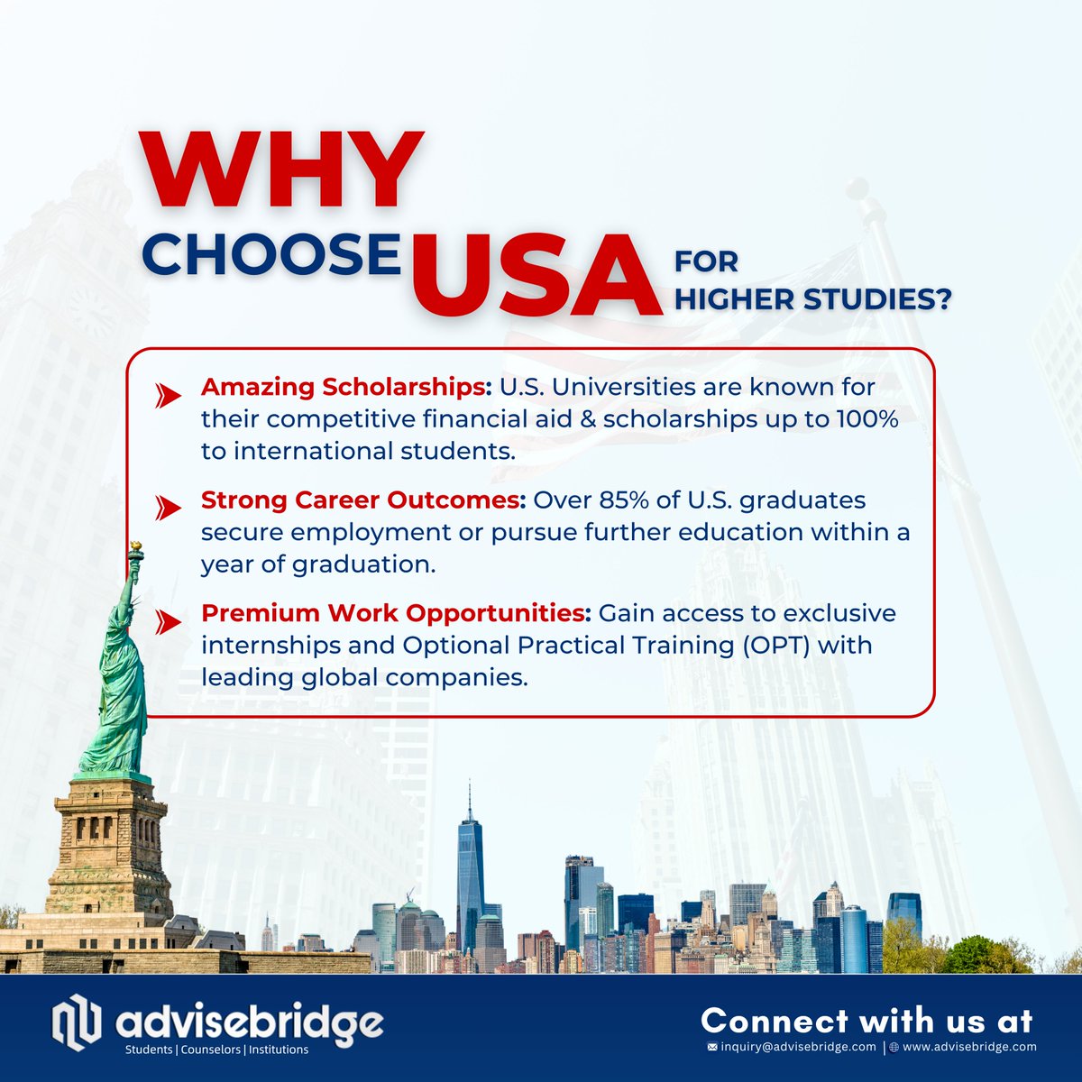 AdviseBridge's tweet photo. Ever wondered why the USA remains the #1 destination for international students? 🇺🇸✨

Here’s what makes it unbeatable 👇 #studyinusa #advisebridge https://t.co/LPbYucQtza