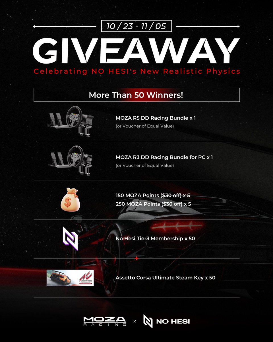 Only one week left to join our giveaway with <a href="/nohesigg/">No Hesi</a>! 🎉
Over 50 prizes are up for grabs—enter now for your chance to win!
And don’t miss out on trying No Hesi’s latest Physics System, fine-tuned with MOZA sim racing gear. 🏎️💨

🏆Prizes:
• 1 x MOZA R3 bundle for PC(or voucher