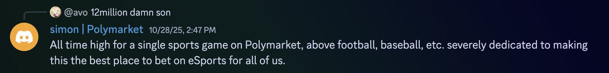 fun fact GENG vs HLE was the highest volume single sports game on polymarket ever with 12m$ bet across the whole series

League worlds bigger than NFL, NBA, PL,  Baseball etc