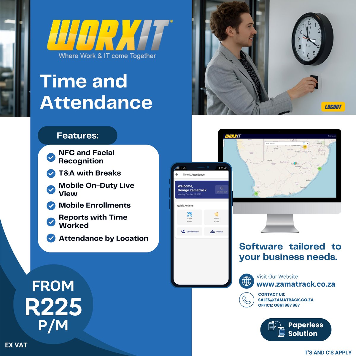 zamatrack_'s tweet image. Stay in control of employee time and attendance with WORXIT. NFC, facial recognition, and mobile access make managing teams easier than ever.
Contact us: 0861 987 987 | sales@zamatrack.co.za | Whatsapp: 081 744 1707 #TimeAndAttendance #WorkforceManagement #Zamatrack #Worxit