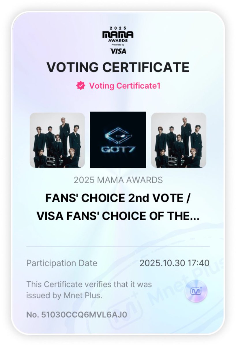 GOT7 made it to the Top 20! 🎉
The 2nd round of voting runs from today until November 10, 23:59 KST.

Cast your votes on the Mnet+ app and tweet daily using the hashtags #2025MAMAVOTE #GOT7

Reposting a valid post from another account will also be counted as a valid vote 💚