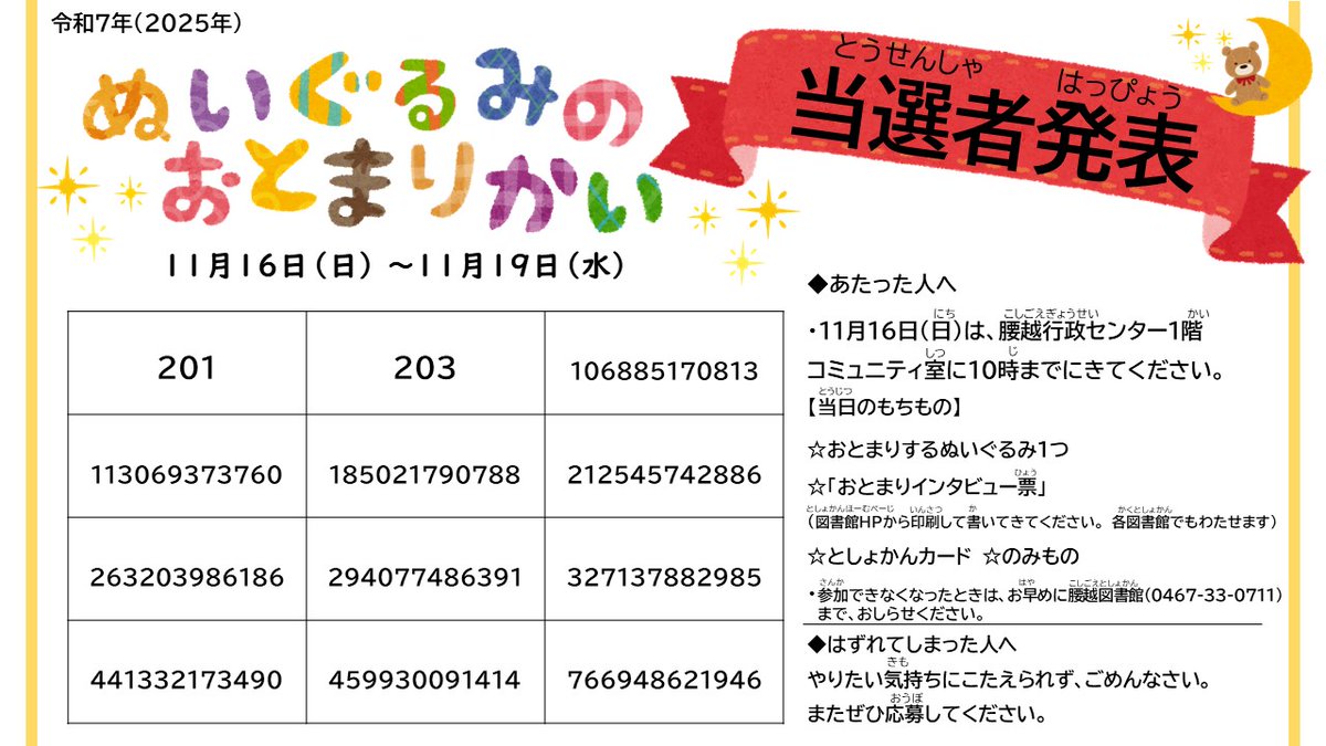 kamakura_tosyok's tweet image. 【「ぬいぐるみのおとまり会」当選者発表📋】
 たくさんのお申し込みありがとうございました。 当選者を発表します！
当選した方は、11月16日（日）に「おとまりインタビュー票」を記入してもってきてください。
詳しくは図書館HPをご覧ください。
