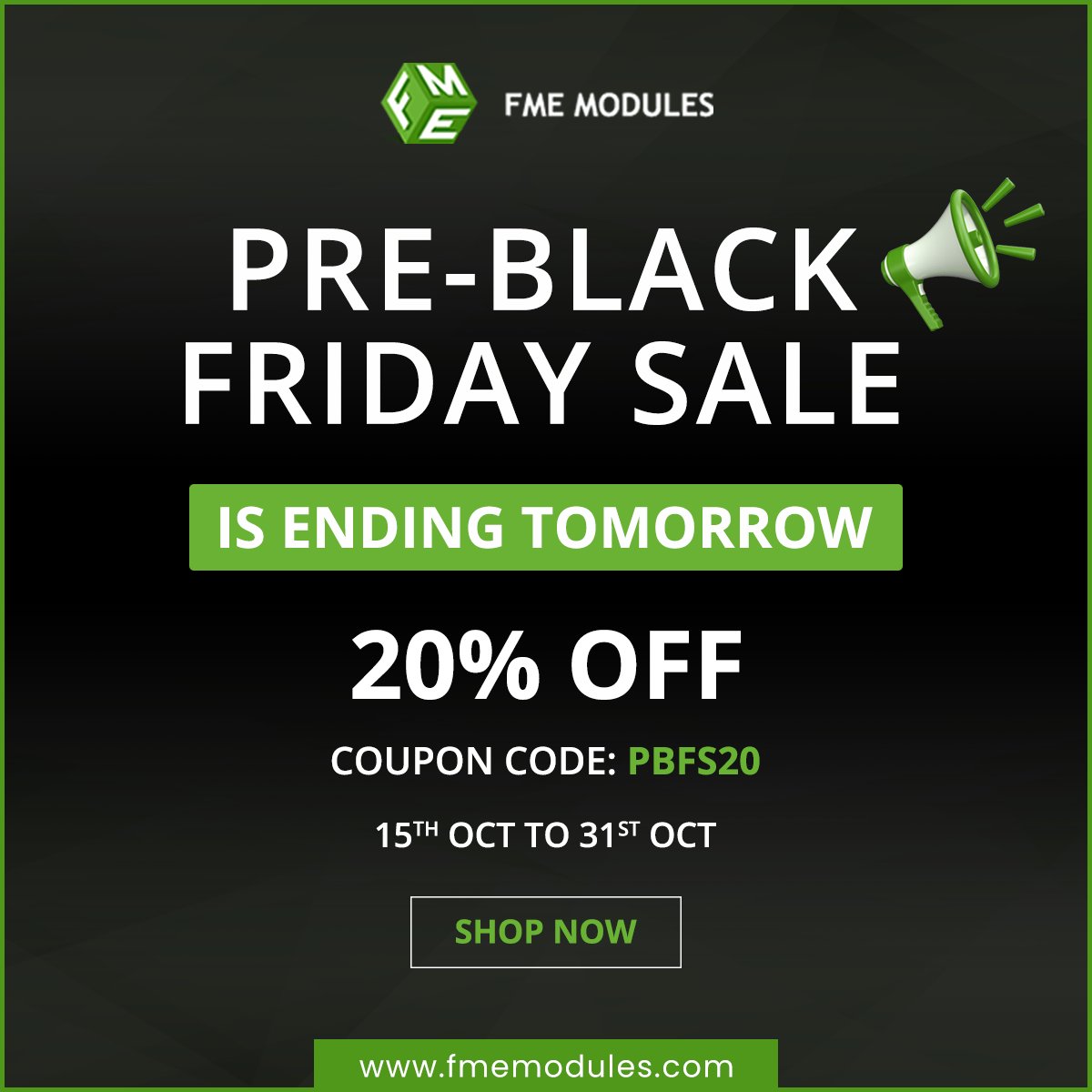 FMEModules's tweet image. LAST CHANCE! Our Pre-Black Friday Sale ends TOMORROW! Grab 20% OFF on all FME Modules with code: PBFS20. Valid Oct 15-31. Upgrade your PrestaShop store now—don't miss out! 🛒 #PreBlackFriday #Sale #PrestaShop #Ecommerce Shop: fmemodules.com