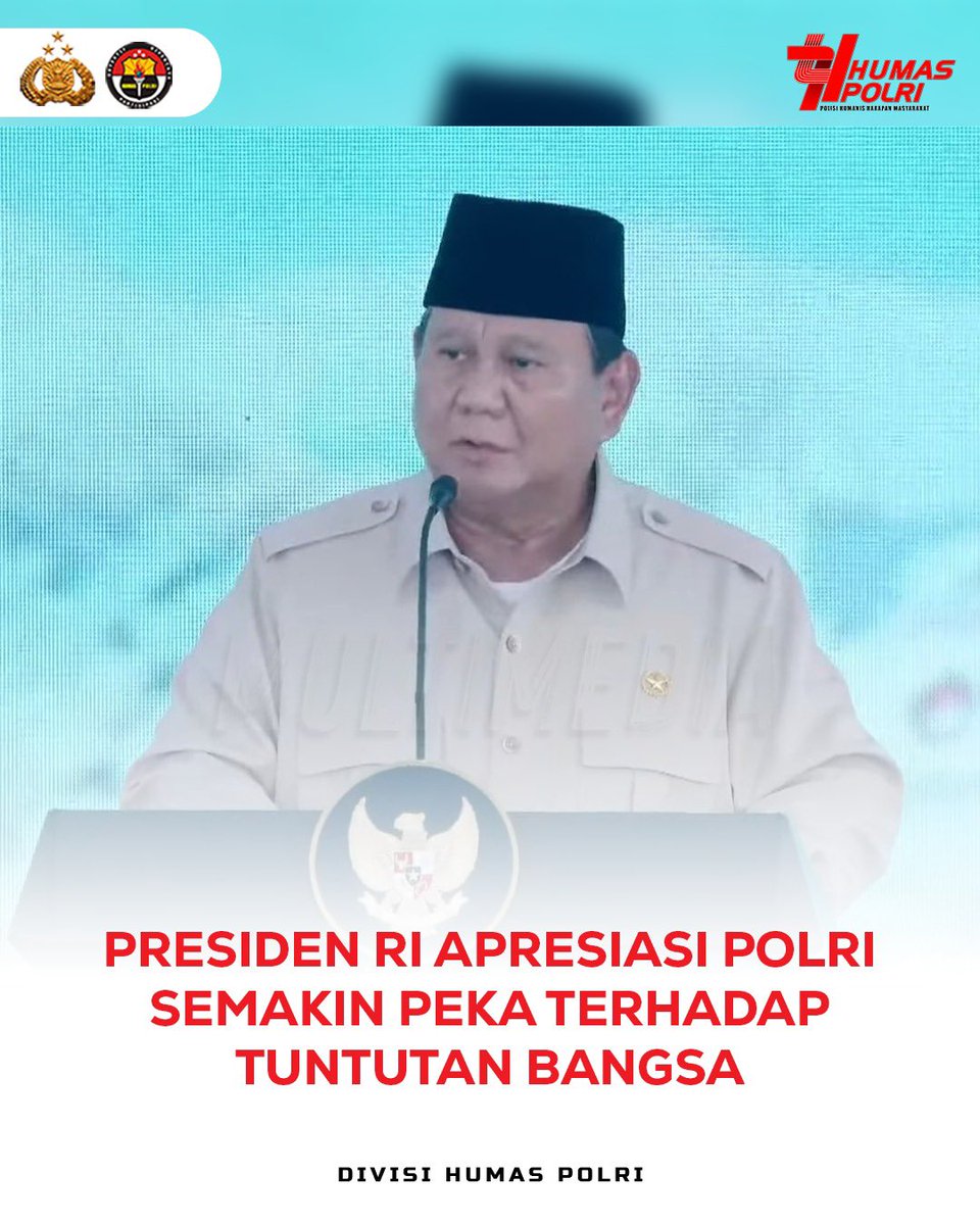 Presiden RI Jenderal TNI (Purn.) H. Prabowo Subianto, mengapresiasi kinerja Polri yang dinilai semakin peka terhadap kepentingan dan tuntutan bangsa. Hal itu ia sampaikan saat menghadiri pemusnahan 214 ton berbagai jenis narkoba di Lapangan Bhayangkara Polri, Rabu (29/10).