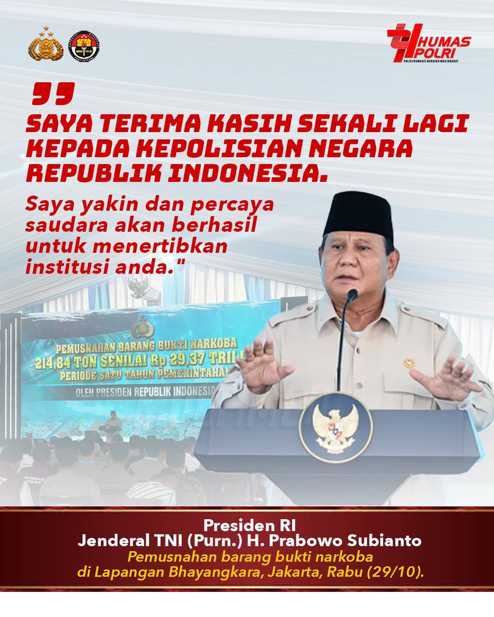 Dalam sambutannya, Presiden Republik Indonesia, Jenderal TNI (Purn.) H. Prabowo Subianto, menyampaikan apresiasi dan kepercayaan penuh kepada Kepolisian Negara Republik Indonesia (Polri).
#SelamatkanGenerasiBangsa