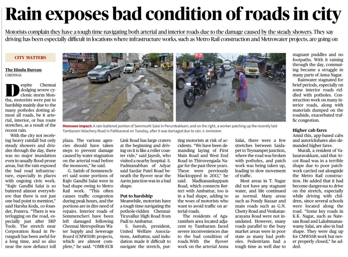 pallikaranaii's tweet photo. #Pallikaranai in news !!!
Thank you @the_hindu for covering poor bad condition of Tambaram-Velachery road in Pallikaranai. 
Concerned authorities kindly take steps to give quality roads for better travel

@ThamizhachiTh @S_AravindRamesh https://t.co/elagksszGE