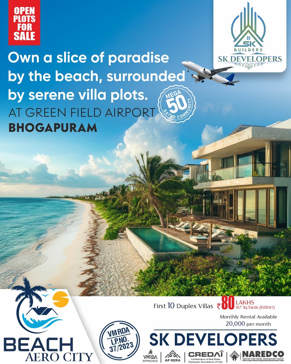 InfoS58014's tweet photo. Experience Luxury Living by the Beach! 🌴
Own your dream villa at Beach Aero City – a Mega 50 Gated Community near Bhogapuram Airport.
First 10 Duplex Villas @ ₹80 Lakhs only with ₹20,000/month rental guarantee!
Live serene. Invest smart. 🏡✨
#BeachAeroCity #BhogapuramPlots https://t.co/vQ1xqCcBPU