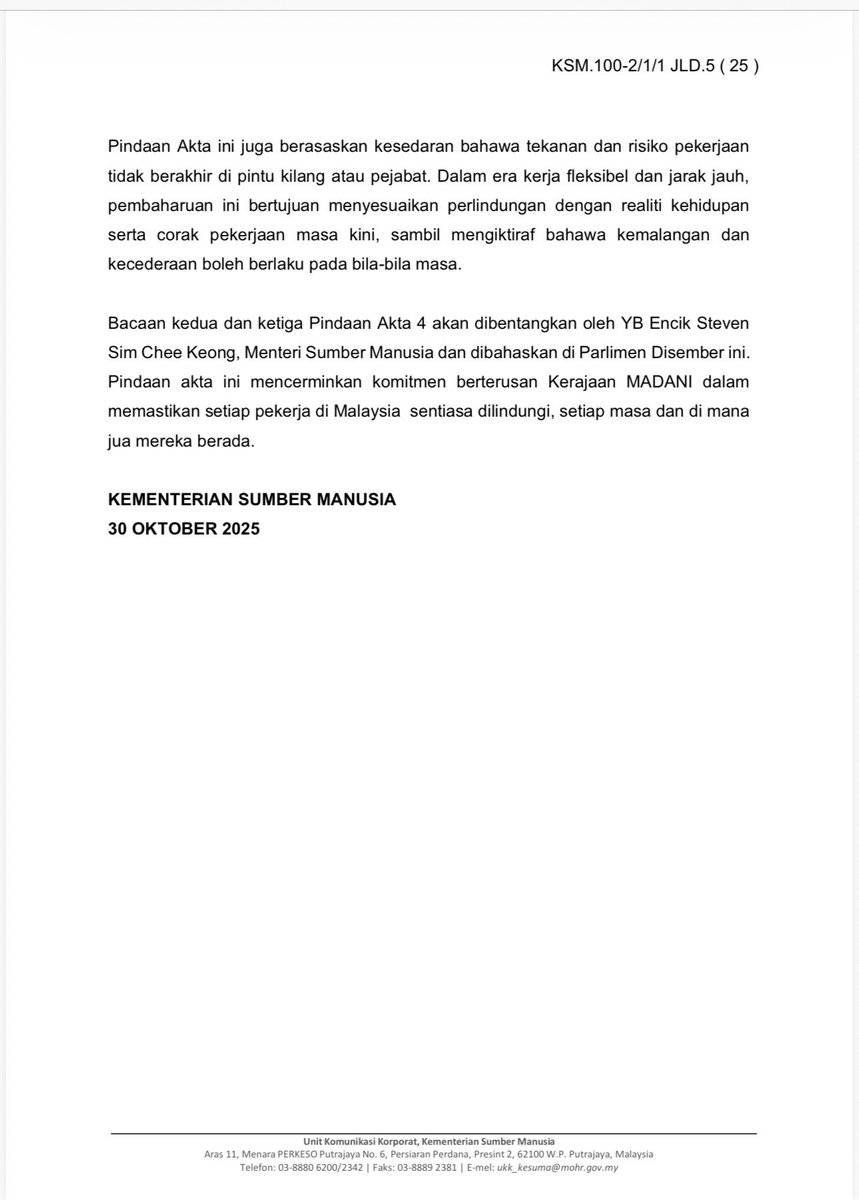 💥HEBAHAN SIARAN MEDIA : PINDAAN AKTA 4: SKIM LINDUNG 24/7 DIPERKENAL, PERLINDUNGAN PEKERJA BAKAL DIPERLUAS KEPADA 24 JAM SEHARI

<a href="/scheekeong/">Steven Sim 🇲🇾</a> 

#kementeriansumbermanusia
#kesuma
#perkeso