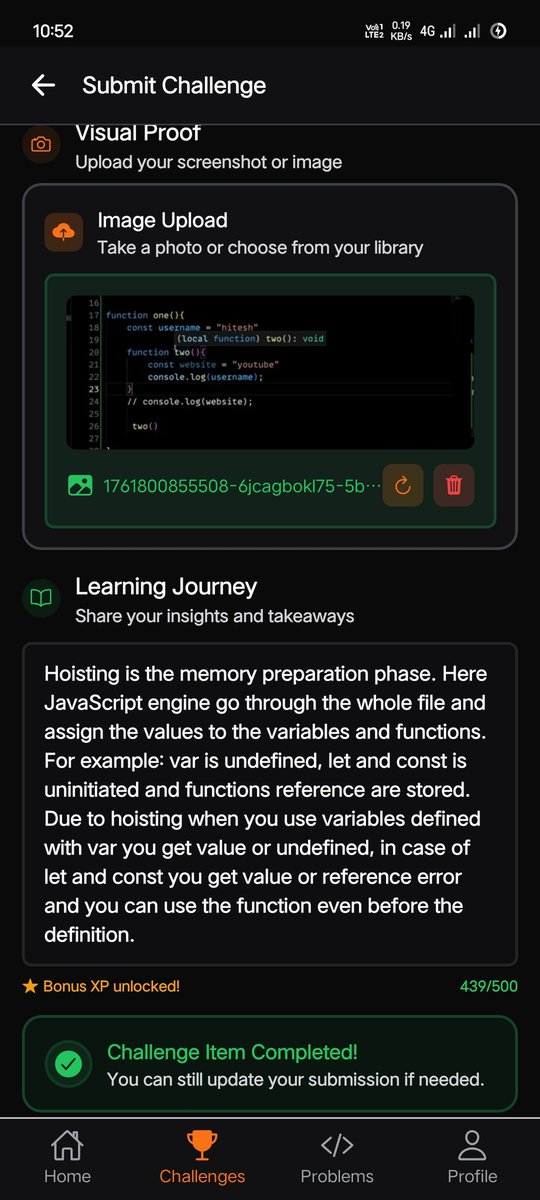 #Day21 of #25DaysJSChallenge on masterji app.
Topic : scope and hoisting.
<a href="/Hiteshdotcom/">Hitesh Choudhary</a>
<a href="/ChaiCodeHQ/">Chai Aur Code</a> 
Now 4 days to go... 💪😁 #MasterJi #javascriptframeworks