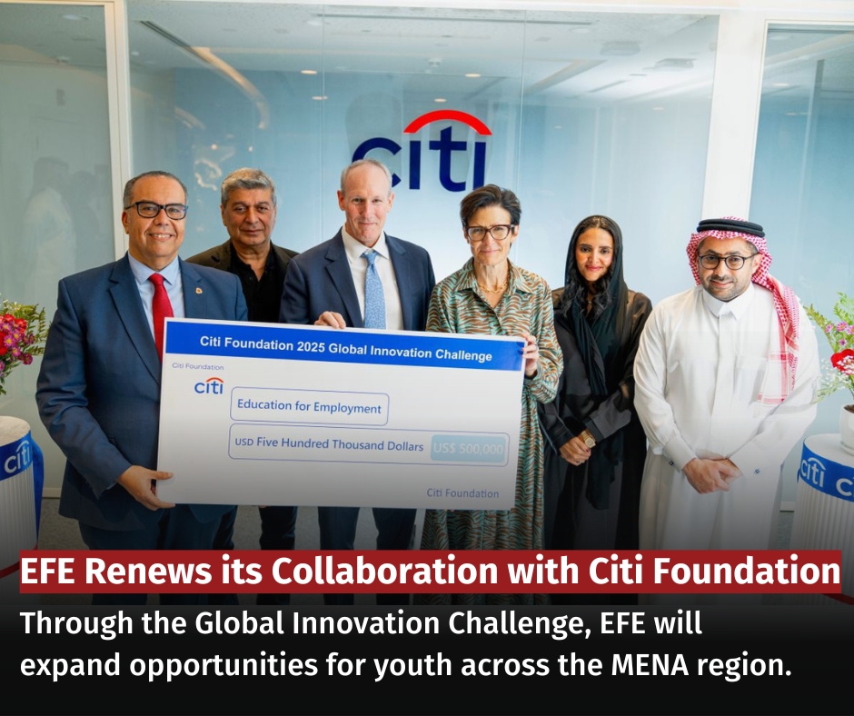 We’re proud to renew our collaboration with <a href="/Citi/">Citi</a> Foundation through the Global Innovation Challenge, empowering youth across MENA with digital and green skills 🌍✨

Together, we’ll train 700+ young people across 5 countries, with 280+ directly connected to jobs.