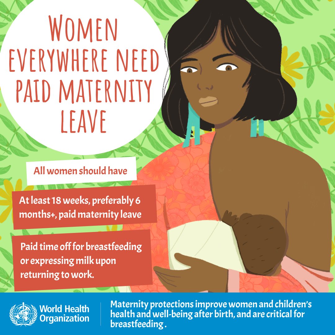 To protect health &amp; support #breastfeeding, women need:

💟 Paid maternity leave - preferably 6+ months – in line with WHO recommendations for exclusive breastfeeding
💟 Time off for breastfeeding or expressing milk upon return to work
💟 Breastfeeding-friendly workplaces &amp;