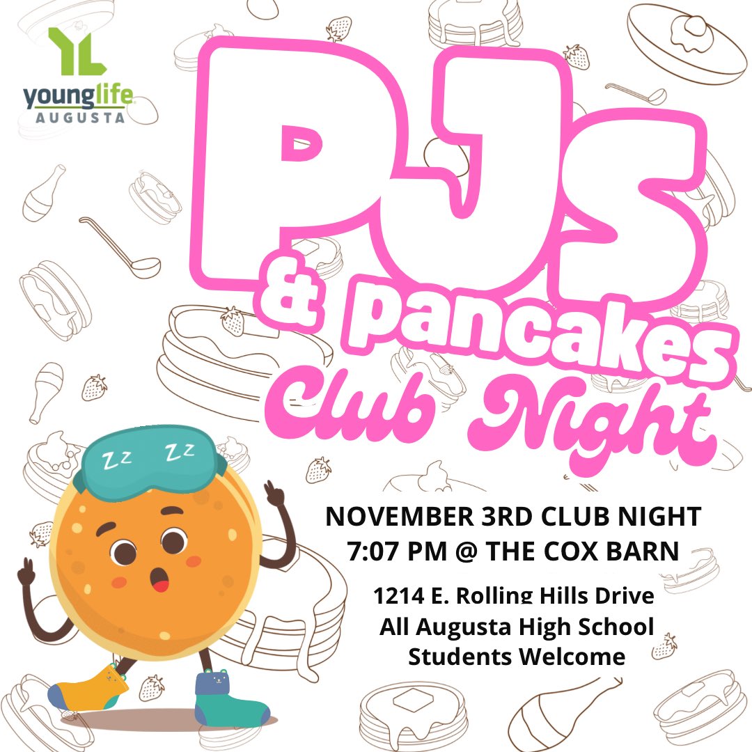 YLAugustaKS's tweet photo. Young Life Club Night! Can’t wait to see you on Monday, Nov. 3rd at 7:07pm. Invite a friend!  1214 E. Rolling Hills Drive, Augusta, KS. All Augusta High School Students Welcome.  Theme:  PJs and Pancakes
#augustayounglife https://t.co/QIBxX68gq2