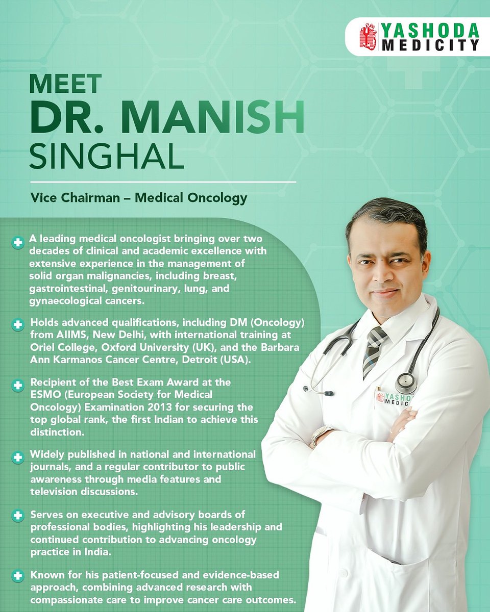 Meet Dr. Manish Singhal, Vice Chairman – Medical Oncology at Yashoda Medicity. With 20+ years of expertise and advanced training from reputed institutions including AIIMS, Oxford University, and Karmanos Cancer Centre (USA), he brings compassionate care to the field of oncology.