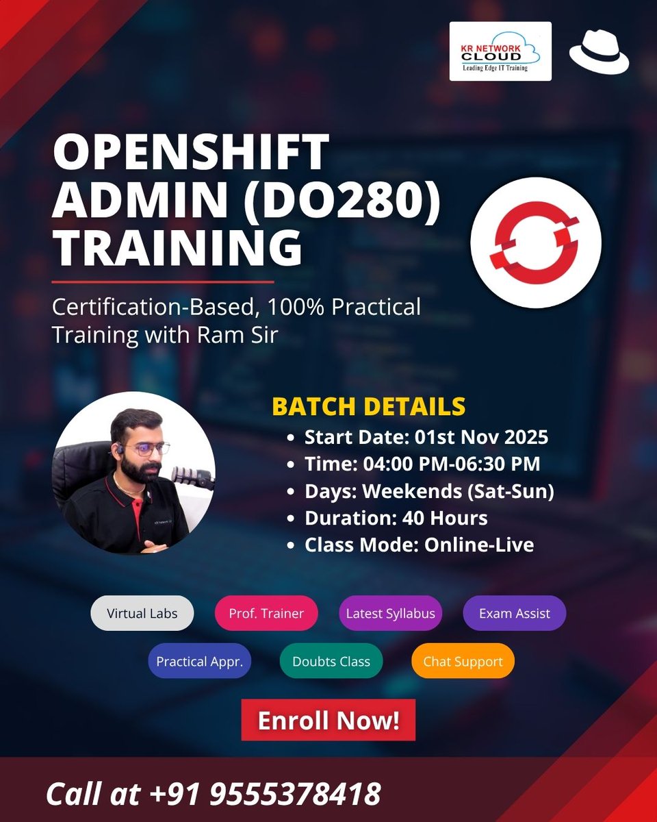 KRNetworkCloud1's tweet image. 🚀 Master OpenShift Administration with KR Network Cloud
Certification-Based | 100% Practical Training | Learn with Ram Sir

👉Enquiry Form: forms.gle/akCh4oYpD9u7Db…

📞 Call/WhatsApp: +91 9555378418
#OpenShiftTraining #RedHatDO280 #DevOps #CloudComputing #Kubernetes