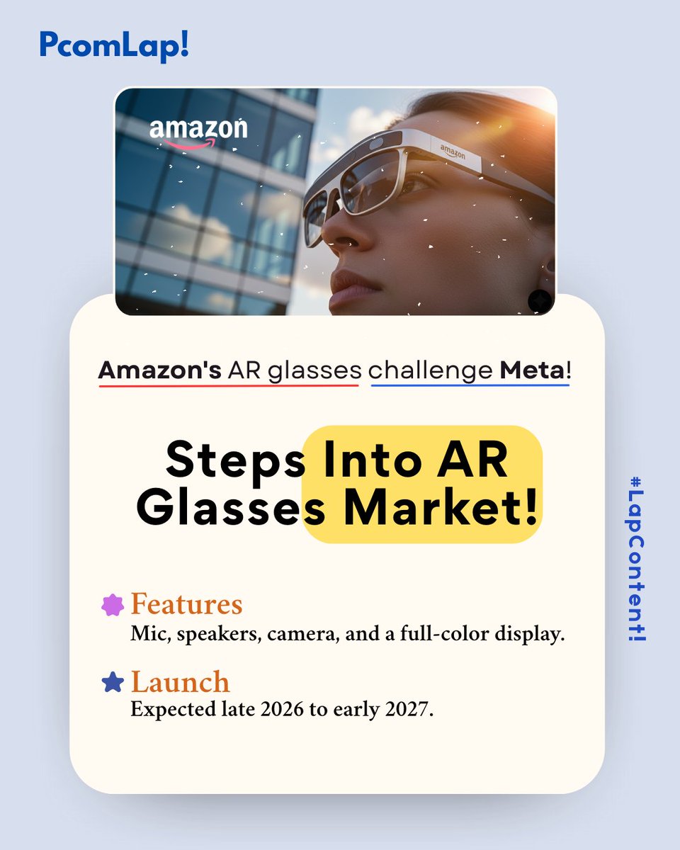 PComLap's tweet image. 🚨 Amazon is entering the AR glasses race! 👓
Features: Mic, speakers, camera &amp;amp; full-color display.
Expected launch: Late 2026 to early 2027.
A direct challenge to Meta’s AR vision. Who wins this AR war? 🔥
#AmazonAR #TechNews #ARGlasses #FutureTech #Pcomlap