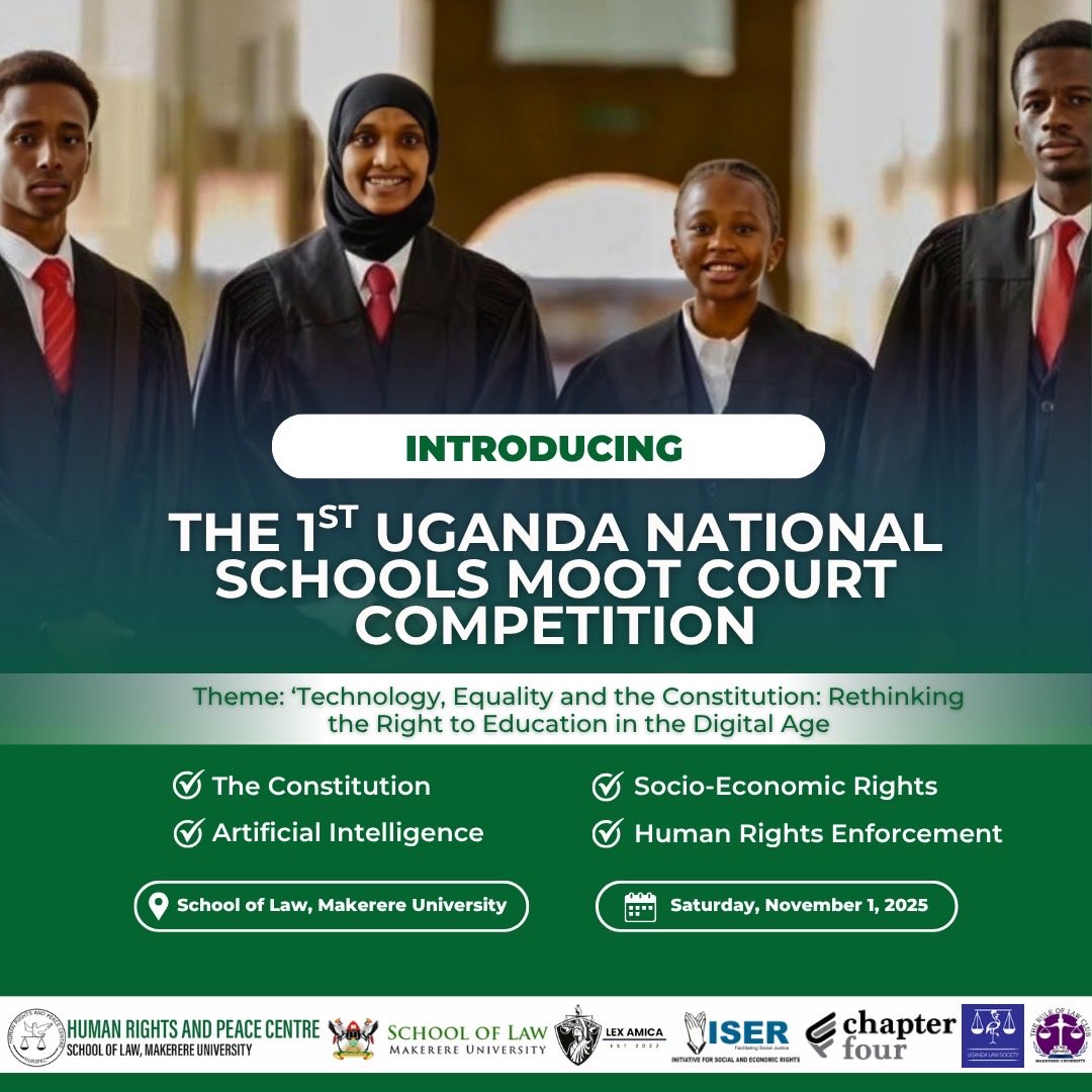 huripec's tweet photo. @huripec in partnership with @MakerereLaw &amp; key stakeholders, present the 1st Uganda National Schools Moot Court Competition themed “Technology, Equality and the Constitution: Rethinking the Right to Education in the Digital Age.”
Join us as young minds discuss these topics. https://t.co/xLUibvYS8a