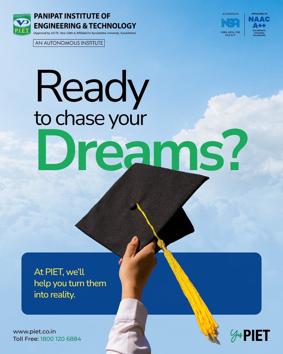 PIETPanipat's tweet photo. π Ready to chase your dreams? π
At PIET, we donβt just inspire ambition β we help you achieve it.
Your journey to success starts here! π«
#PIET #EngineeringExcellence #FutureBeginsHere #DreamBig #StudentLife #EducationThatEmpowers #CareerGoals #YesPIET #PanipatInstitute https://t.co/piXqPPvOsE