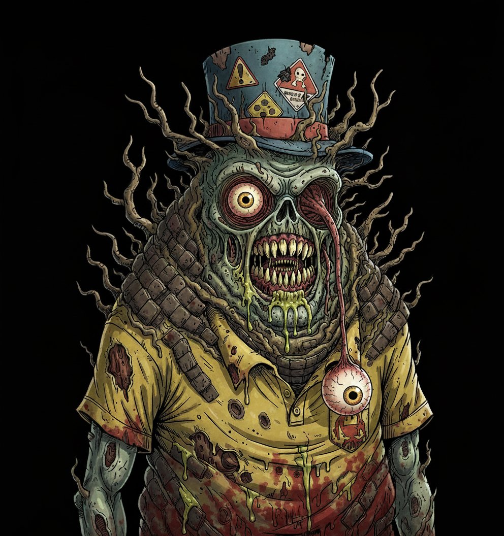 Once a dull wanderer gnawing through dust and bone, Rotten 5916 fed on a Survivor carrying the Second Rot strain. The variant rewrote his decay — mutating flesh into armor, veins into black roots, and hunger into thought. Its eyes now burn with awareness, one torn open to see