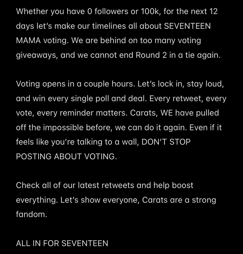 Carats, don’t scroll past. 🙏
Even if you ignored the last few reminders, please don’t ignore this. Read it, then check our latest posts and share them. Copy + paste for your followers too.

ALL IN FOR SEVENTEEN
#2025MAMAVOTE #SEVENTEEN