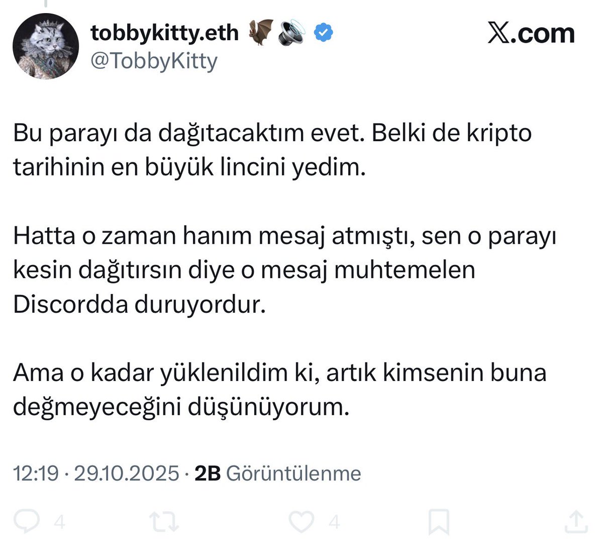 Şahsi olarak söylüyorum. Ekipten bağımsız olarak;
Artık Türk CT’de baydınız
Yalancısınız,
Dolandırıcısınız,
İnsanları kandırıyorsunuz…
Starknet’te platformunu kullandırttın, insanları farmladın, paranında üzerine yattın. Daha neye ağlıyorsun! Mert ol deki; vermek istemedim.