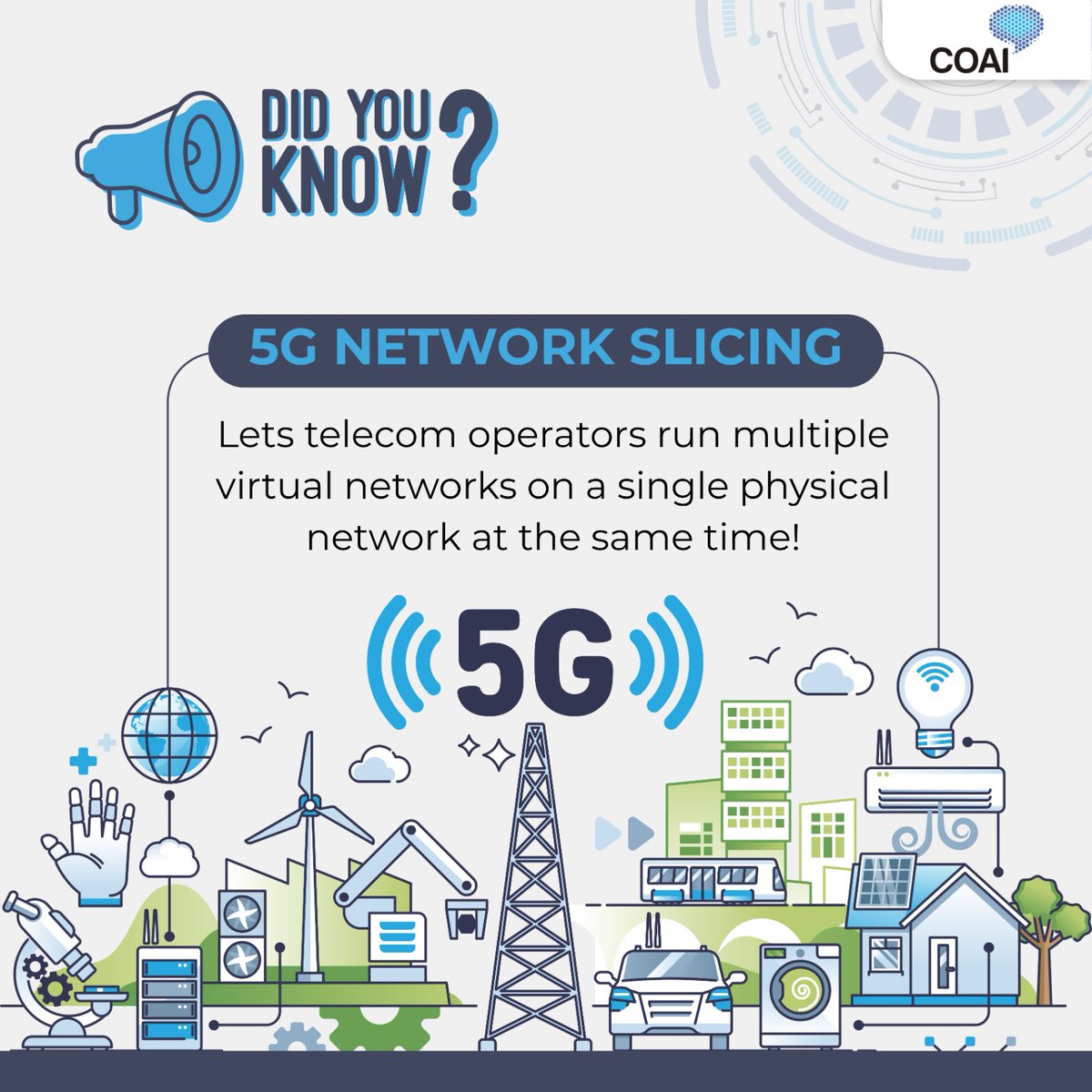 ConnectCOAI's tweet image. Did you know 5G Network Slicing lets operators run multiple virtual networks on one physical network? 🚀
From remote surgery to cloud gaming, each “slice” is tailored for speed, reliability and security.

 #5G #TelecomInnovation #NetworkSlicing #DigitalIndia