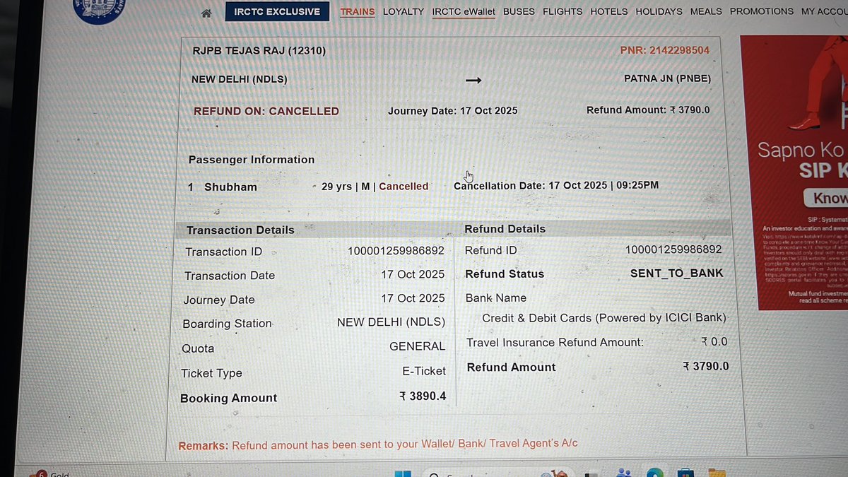 shubhamkumar694's tweet photo. My ticket cancellation refund is shown as refunded,but the money has not been credited to my Bank account yet. It’s been 13 days —no update. please check and resolve this immediately.PNR 2142298504.chasing for my money only.
@IRCTCofficial @RailwaySeva @AshwiniVaishnaw @PMOIndia https://t.co/ZwHCEltOWi