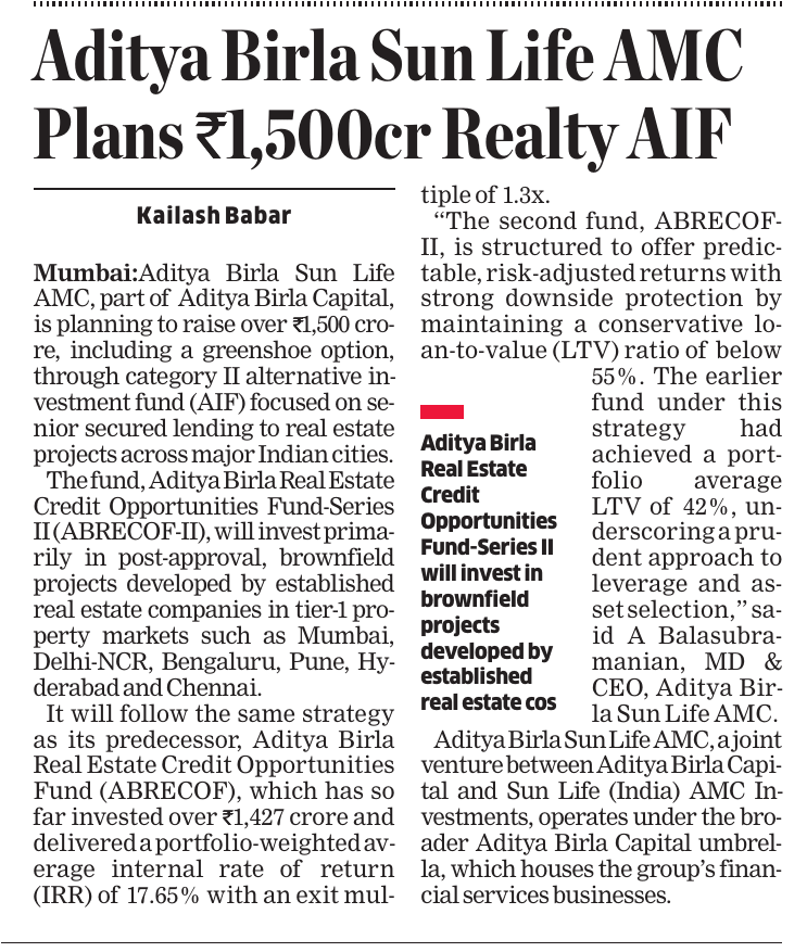 #AdityaBirla Sun Life AMC to raise up to Rs 1,500 cr through #realestate #credit fund to invest in brownfield #housing projects across major #India cities
economictimes.indiatimes.com/industry/servi… <a href="/EconomicTimes/">Economic Times</a> <a href="/abslmf/">ABC - Aditya Birla Sun Life Mutual Fund</a> <a href="/AdityaBirlaGrp/">Aditya Birla Group</a> #realty #fundraising