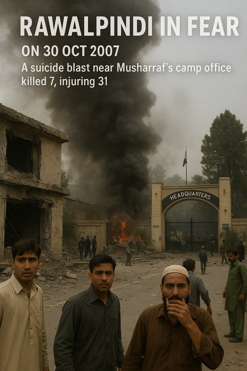 zara650415's tweet image. 💣 Rawalpindi in Fear — the Army’s own fortress shaken.
On 30 Oct 2007, a suicide blast near Musharraf’s camp office killed 7, injuring 31 — inside the “high-security” zone.
If GHQ’s city isn’t safe, what hope for ordinary Pakistanis?
#Rawalpindi #Pakistan #SecurityFailure
