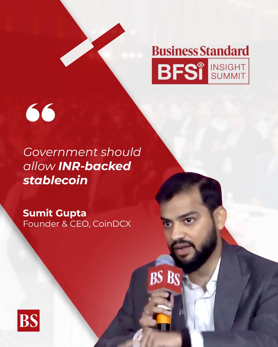 bsindia's tweet photo. #bsbfsi | On day 2 of @bsindia's BFSI Insight Summit, @smtgpt, Founder & CEO of @CoinDCX, said the government should allow INR-backed stablecoin.
Watch LIVE: https://t.co/3WoWZ89WgO
#bfsievent #bsbfsi2025 #stablecoin #SumitGupta #CoinDCX https://t.co/jVZIvgpHGc