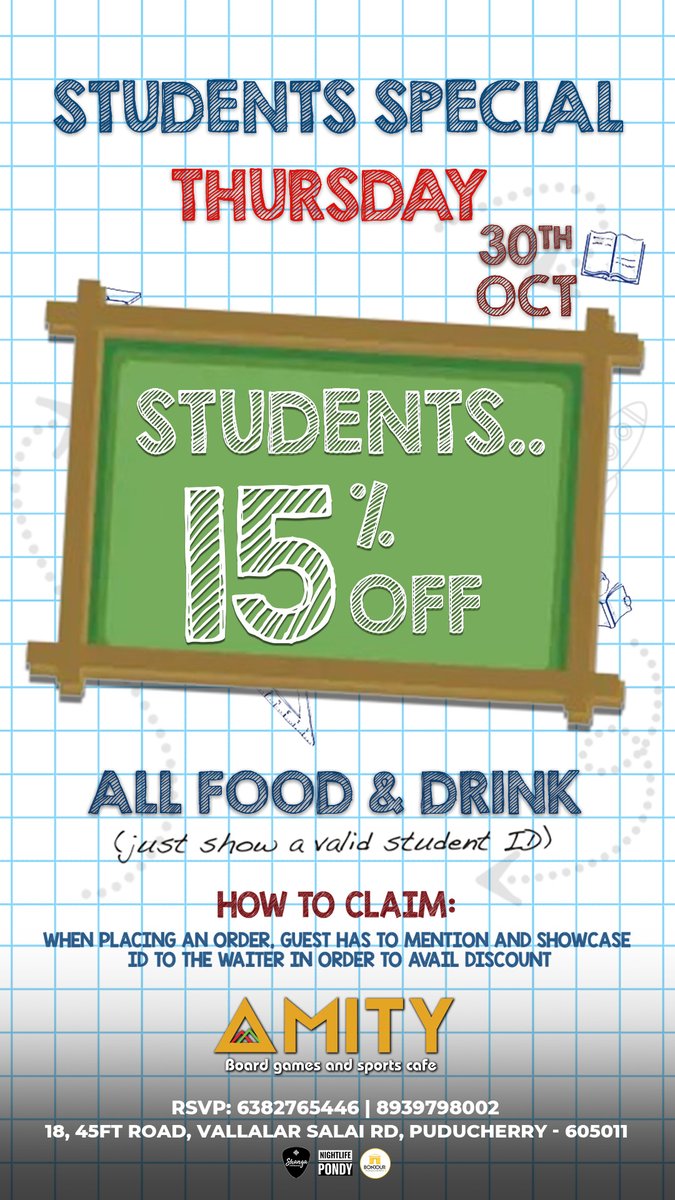 bonjourpondi's tweet image. 🎓 STUDENTS SPECIAL - 30 OCT   
🧃  Show your student ID &amp;amp; score 15% OFF on all food &amp;amp; drinks at AMITY Café! 
🍕 Board games, bites &amp;amp; unbeatable vibes 
🗣️ Mention “Students Special” when ordering 
📍 Puducherry 
📞 6382765446 / 8939798002
 #StudentPerks #AMITYCafe #PondyEats