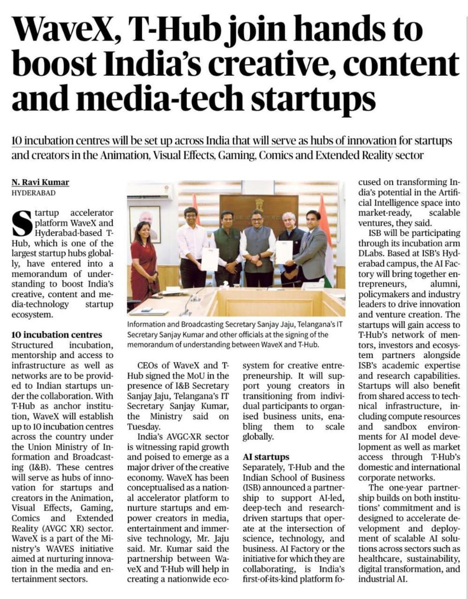 revanthannanews's tweet image. 🔔 T-Hub &amp;amp; WaveX to Power India’s Creative Tech Revolution
👉10 incubation centres to be set up nationwide to boost startups in Animation, VFX, Gaming, Comics &amp;amp; XR 
👉solidifying Hyderabad’s role as India’s innovation hub 
#THub #WaveX #AVGCXR