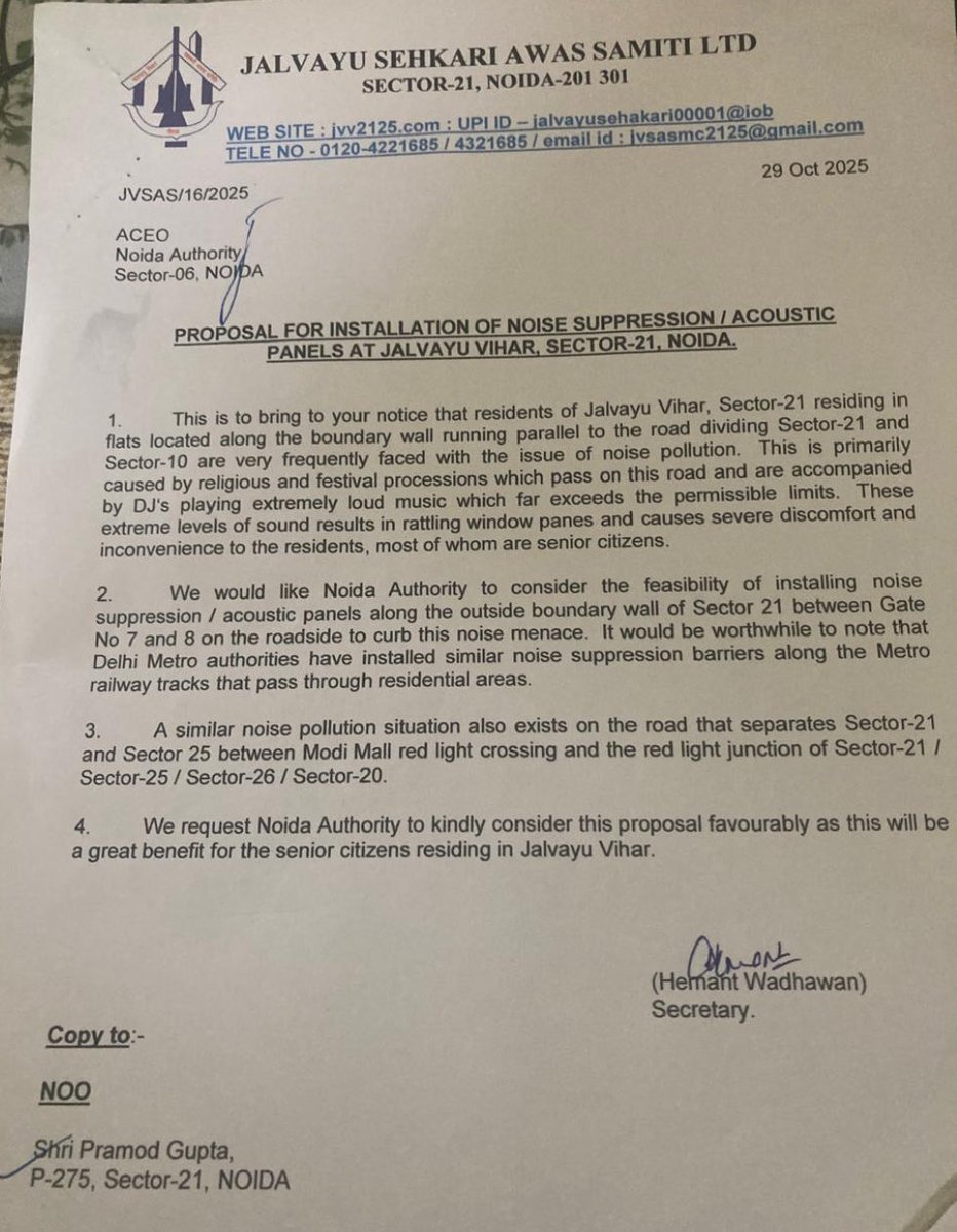 PramodSR_UK2UP's tweet photo. Jalvayu Vihar (21 &amp; 25, Noida) humbly request installation of a noise control system near our boundary walls

Frequent DJ loud music during events disturbs senior citizens and children’s studies, affecting health and peace. 🙏

#NoisePollution @CeoNoida @noida_authority https://t.co/sCAj8d4wJW