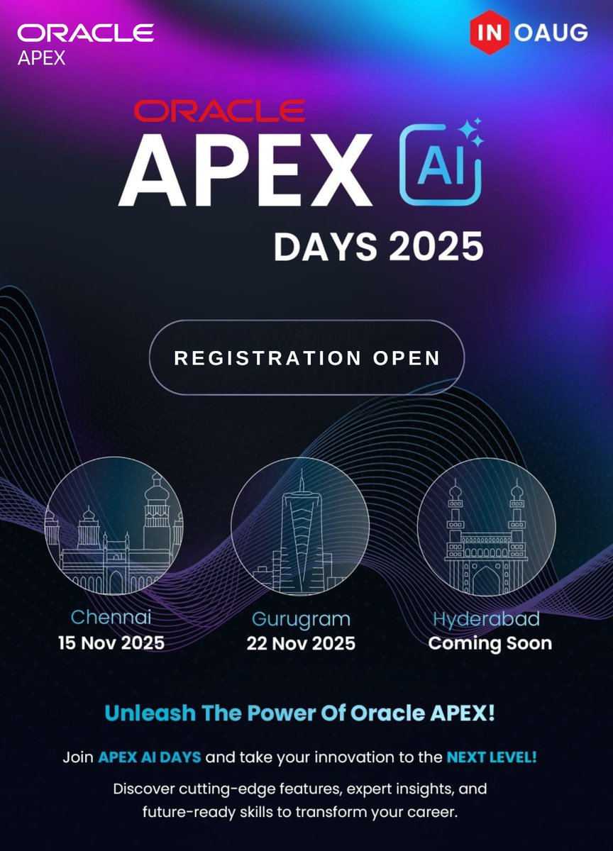 inoaug's tweet image. 🚀 Registrations OPEN for Oracle APEX AI Days 2025!
Experience where Low-Code meets AI — innovation, insights & hands-on learning! 💡
📍 Chennai – Nov 15📍 Gurugram – Nov 22 📍 Hyderabad – Coming Soon
👉 Register now: inoaug.org/ords/r/inoaug/…
#APEXAIDays #OracleAPEX #LowCode