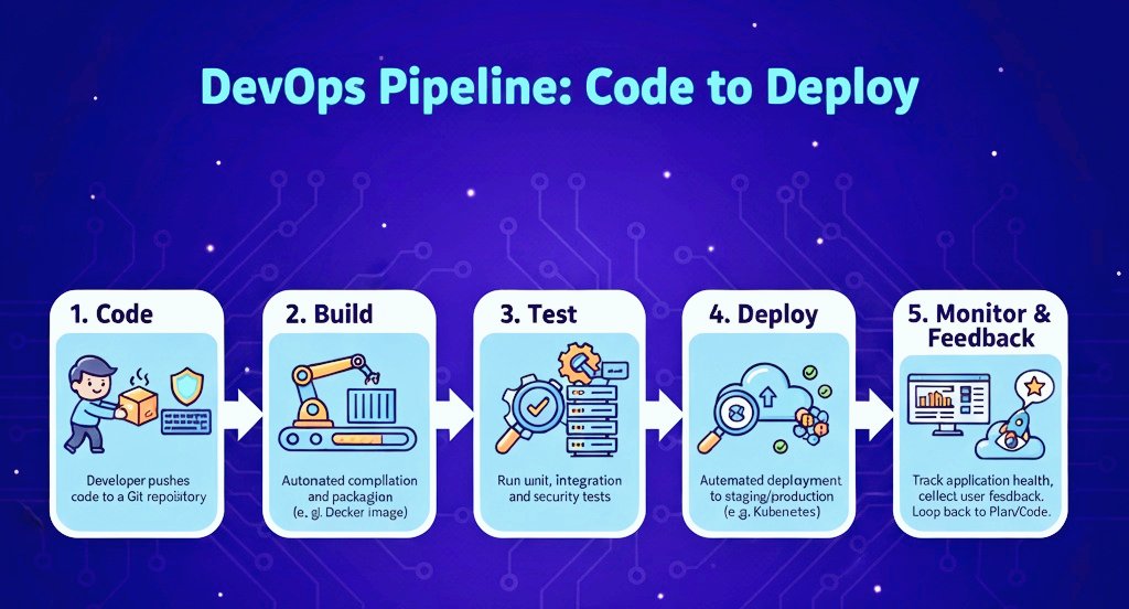 BeBhavesh24's tweet image. wonder how code goes from idea to production? 
This simple DevOps pipeline flow shows the journey:

 Code -&amp;gt; Build -&amp;gt; Test -&amp;gt; Deploy -&amp;gt; Monitor.
 Efficiency unlocked! 💻✨ #DevOpsPipeline #Tech