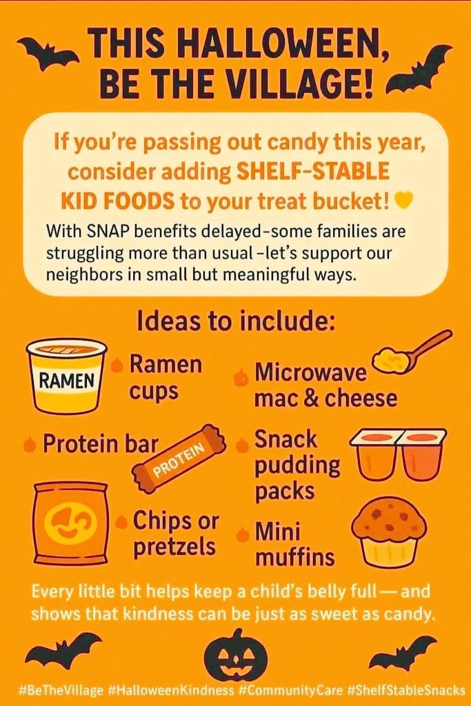 teennaa29's tweet photo. This is a great idea!  Please share to EVERYONE 💙✌️

#BeTheVillage #HalloweenKindness #CommunityCare  #ShelfStableSnacks #Halloween #helpingothers #helpyourneighbor #helpyourcommunity #SNAP https://t.co/Qga8fvwgnM
