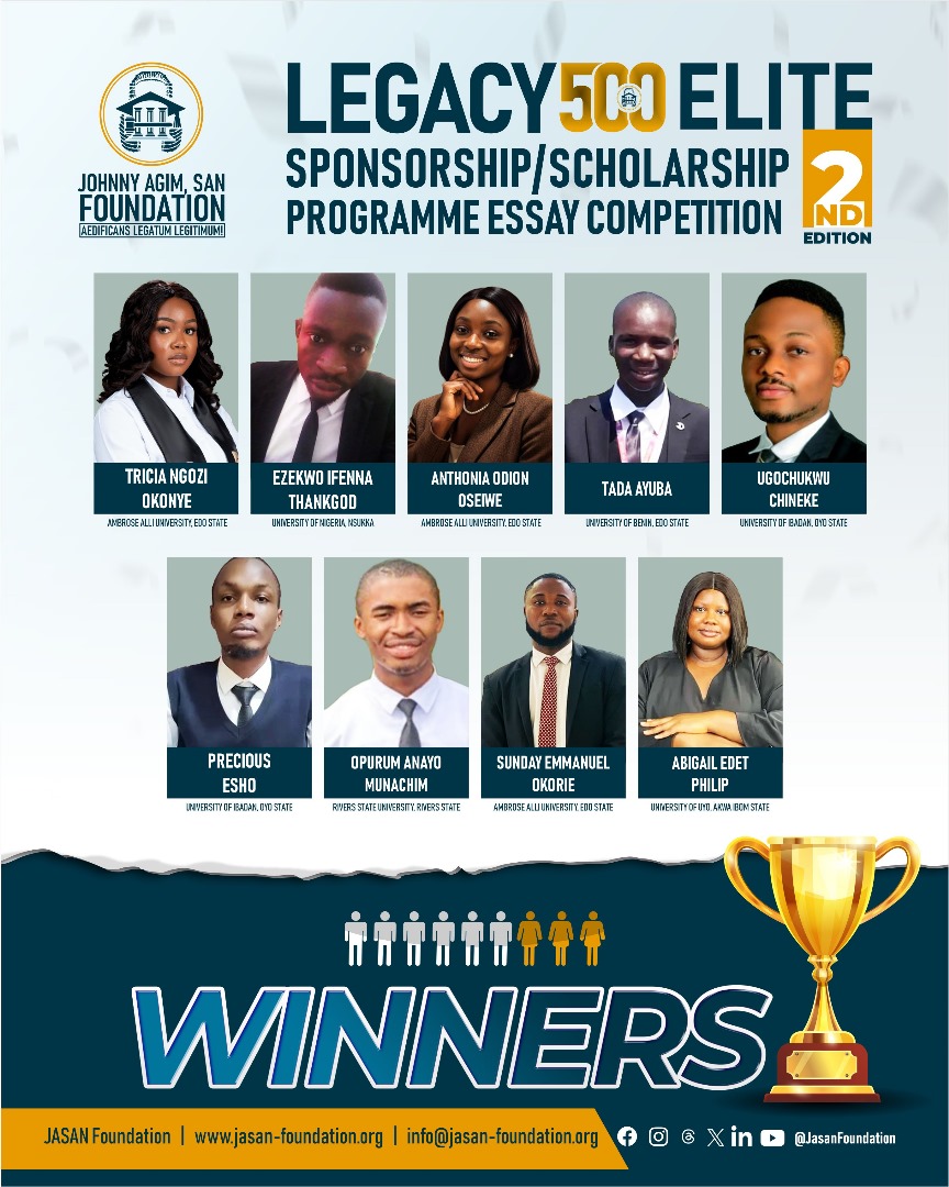 JasanFoundation's tweet photo. #THELEGACYDIALOGUE2.0: JASAN FOUNDATION CONTINUES TO CHAMPION EXCELLENCE AND THE INSTITUTIONALISATION OF MENTORSHIP IN THE LEGAL PROFESSION, AS IT ANNOUNCES THE WINNERS OF THE 2ND EDITION OF THE #LEGACY500 ELITE SPONSORSHIP/SCHOLARSHIP ESSAY COMPETITION

https://t.co/EpEnZfJ5jf https://t.co/gyK499Gmuu