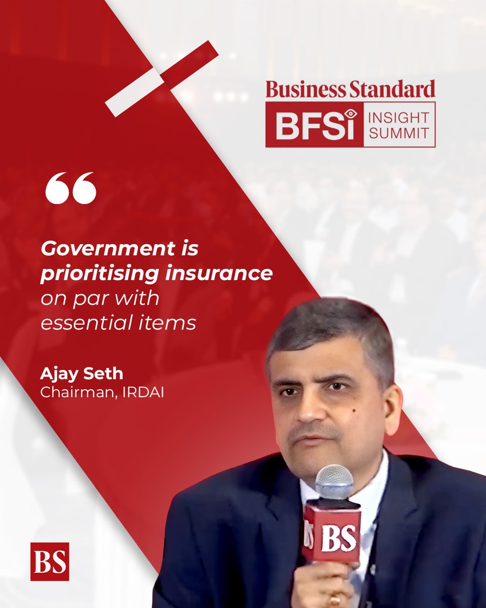 bsindia's tweet photo. #bsbfsi | On day 2 of Business Standard BFSI Insight Summit, @irdaindia Chairman Ajay Seth said government is prioritising insurance on par with essential items.
Watch LIVE: https://t.co/3WoWZ89WgO
#bfsievent #bsbfsi2025 #stablecoin #AjaySeth #IRDAI https://t.co/l8lLJM6nv2
