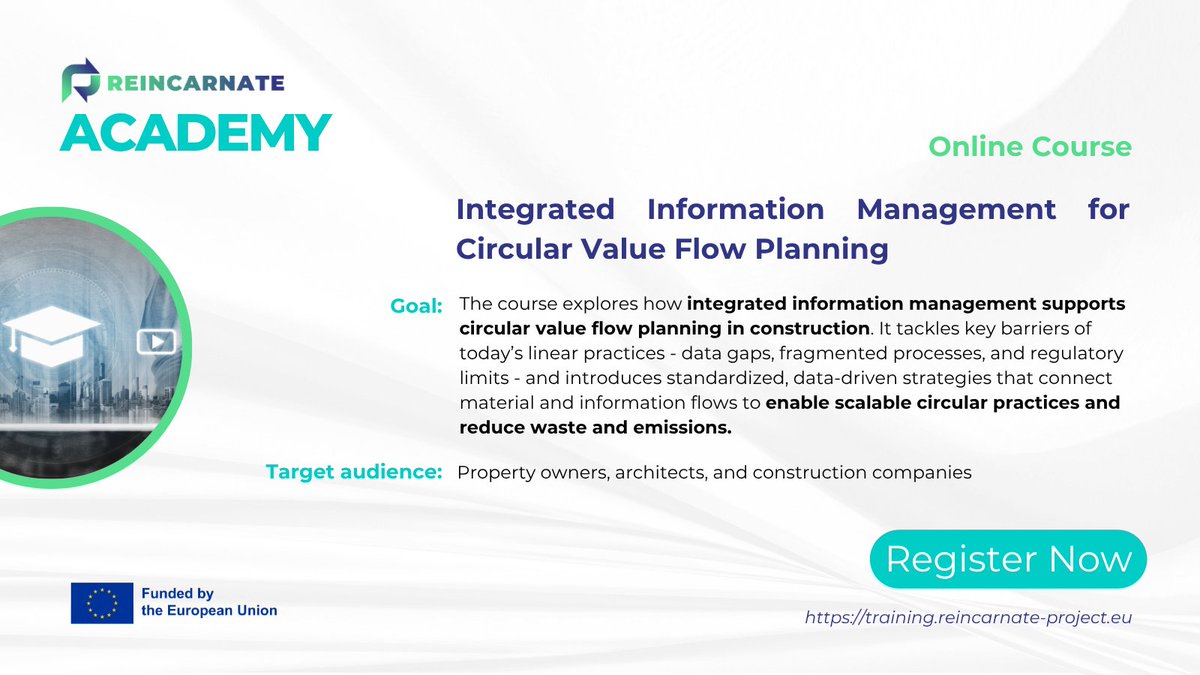 ReincarnateEU's tweet image. 🆕from #ReincarnateAcademy: Integrated Information Management for Circular Value Flow Planning♻️

Discover how #data platforms &amp;amp; standardized ontologies connect #BIMmodels, materials &amp;amp; stakeholders to enable smarter, low-emission #circularconstruction.

✍️ training.reincarnate-project.eu