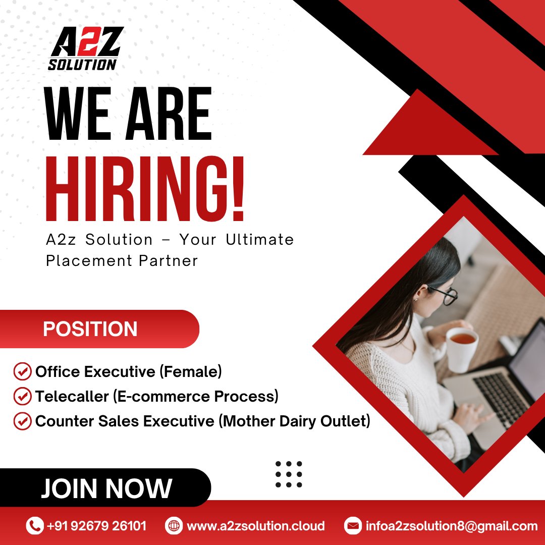SunderBhati01's tweet image. 🚨 We’re Hiring! 🚨
Join A2Z Solution – Your Ultimate Placement Partner 🌟

✨ Open Positions:
👩‍💼 Office Executive (Female)
📞 Telecaller (E-commerce Process)
🧊 Counter Sales Executive (Mother Dairy Outlet)

#WeAreHiring #A2ZSolution #JobVacancy #OfficeExecutive #TelecallerJobs